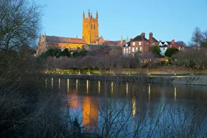 Prints of Worcester Cathedral on the River Severn floodlit at dusk, Worcester, Worcestershire, England, United Kingdom, Europe Worcestershire Prints: Worcester Cathedral Print: River Severn Dusk Scene