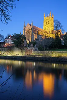 Prints of Worcester Cathedral on the River Severn floodlit at dusk, Worcester, Worcestershire, England, United Kingdom, Europe Worcester Prints: Worcester Cathedral Print: Floodlit Dusk on the River Severn