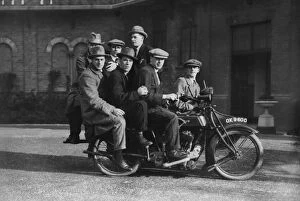 Images Dated 4th January 2008: Aston Villa players on the back of Cyril Spiers motor cycle in the grounds of Villa Park in 1923 / 4
