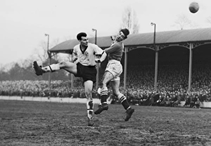 Darlingtons Ken Furphy and Chelseas Ron Tindall jump for a header during the 1958 FA Cup Darlingtons Ken Furphy and Chelseas Ron Tindall jump for a header during the 1958 FA Cup