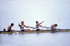 The GB Coxed Four rowers win gold at the 1984 Los Angeles Olympics The GB Coxed Four rowers win gold at the 1984 Los Angeles Olympics