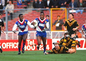 Great Britains Ellery Hanley and Martin Offiah take on Australia Great Britains Ellery Hanley and Martin Offiah take on Australia