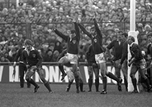 Ireland players face a kick from Wales - 1984 Five Nations Ireland players face a kick from Wales - 1984 Five Nations