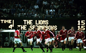Jeremy Guscott celebrates scoring the series-winning drop-goal for the British Lions in Jeremy Guscott celebrates scoring the series-winning drop-goal for the British Lions in