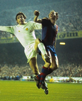 Leeds Uniteds Norman Hunter challenges for the ball at the Nou Camp during the 1975 European Cup Leeds Uniteds Norman Hunter challenges for the ball at the Nou Camp during the 1975 European Cup