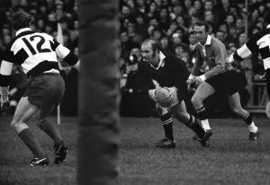 Mike Gibson Rugby Player Prints: Sid Going on the ball for the All Blacks against the Barbarians in 1973