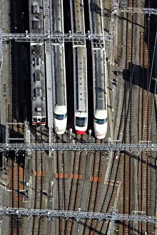 Aerial view of station with Japanese trains, Tokyo, Japan Aerial view of station with Japanese trains, Tokyo, Japan