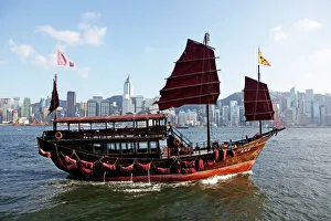Junk in Victoria Harbour, Hong Kong, China Junk in Victoria Harbour, Hong Kong, China