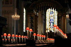 Lamps and stained glass window in St. Pauls Cathedral Lamps and stained glass window in St. Pauls Cathedral