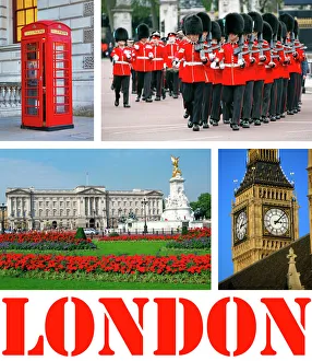Souvenir photos of Big Ben, Buckingham Palace, Guards, and a Telephone Box in London, England Souvenir photos of Big Ben, Buckingham Palace, Guards, and a Telephone Box in London, England