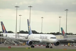 Boeing 757 Print: Thomas Cook aircraft taxing at Birmingham Airport