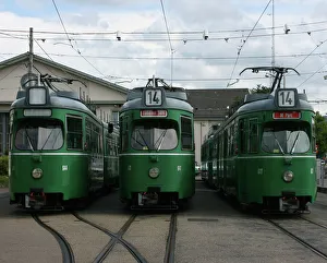 Swiss trams at BVB M-Parc depot, Basel, Switzerland Swiss trams at BVB M-Parc depot, Basel, Switzerland