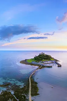 Prints of Aerial dusk view over Saint Michaels Mount, Marazion, near Penzance, Cornwall, England Aerial View Prints: Aerial Dusk View Print of Saint Michaels Mount, Cornwall