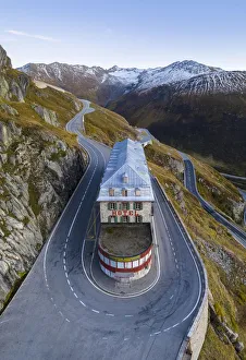 Aerial view of the Belvedere Hotel and the Furka Pass road Aerial view of the Belvedere Hotel and the Furka Pass road