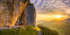 Aerial view of Berggasthaus Aescher at sunrise, Canton of Appenzell, Alpstein Aerial view of Berggasthaus Aescher at sunrise, Canton of Appenzell, Alpstein