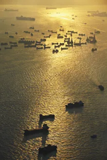 Aerial view of cargo ships, Hong Kong, China Aerial view of cargo ships, Hong Kong, China