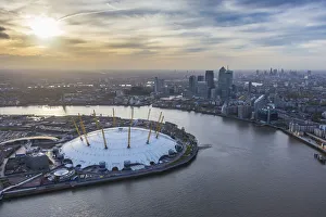 Aerial view from helicopter, Canary Wharf & O2 Arena, London, England Aerial view from helicopter, Canary Wharf & O2 Arena, London, England