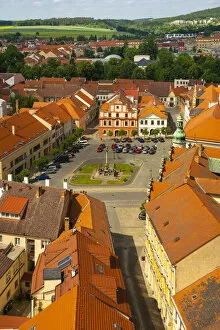Czechia Collection: Aerial view of houses around Alsovo namesti, Pisek, South Bohemian Region, Czech Republic