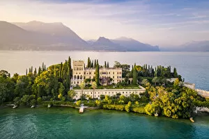 Italy Collection: Aerial view of Isola del Garda with Villa Borghese, on the west side of Garda Lake, near Salo town