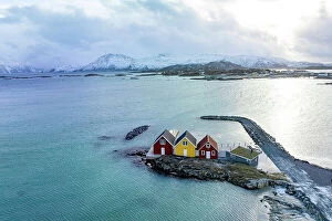 Norway Collection: Aerial view of isolated rorbu cabins in the middle of the cold arctic sea, Sommaroy, Troms county