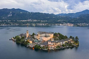 Italy Collection: Aerial view of Orta San Giulio and Lake Orta at blu hour before a storm. Orta Lake