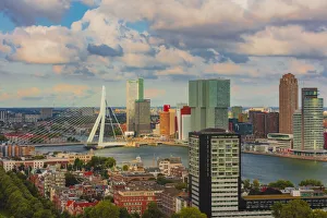 Aerial view of Rotterdam skyline with Erasmus bridge and skyscrapers, Holland/Netherlands Aerial view of Rotterdam skyline with Erasmus bridge and skyscrapers, Holland/Netherlands