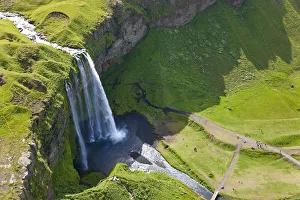 Aerial view of Seljalandsfoss, Seljaland, Iceland Aerial view of Seljalandsfoss, Seljaland, Iceland