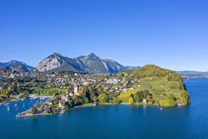 Aerial view on Spiez and Lake Thun, Berner Oberland, Switzerland Aerial view on Spiez and Lake Thun, Berner Oberland, Switzerland