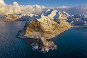 Aerial view of Uttakleiv and Haukland beach at sunrise, Leknes, Lofoten, Nordland, Norway Aerial view of Uttakleiv and Haukland beach at sunrise, Leknes, Lofoten, Nordland, Norway