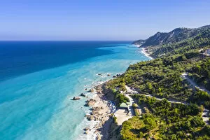 Greece Collection: Aerial view of the winding road to Megali Petra beach. Lefkada, Ionian Islands region