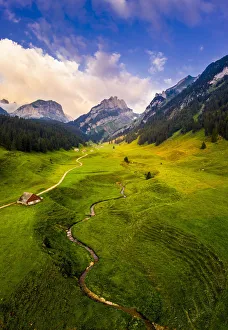 Aerial view of winding torrent. Canton of Appenzell, Alpstein, Switzerland, Europe Aerial view of winding torrent. Canton of Appenzell, Alpstein, Switzerland, Europe