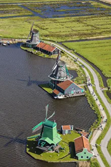 Aerial view of windmills in Zaanse Schans, Netherlands Aerial view of windmills in Zaanse Schans, Netherlands
