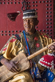 Africa, Morocco, Marrakesh, Medina, A gouda musician Africa, Morocco, Marrakesh, Medina, A gouda musician