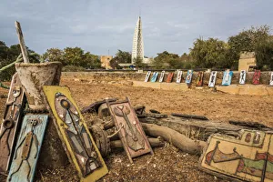 Africa, Senegal, Dakar. Art for sale on the island Goree, in the background the memorial Africa, Senegal, Dakar. Art for sale on the island Goree, in the background the memorial