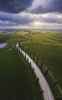 Agriturismo Baccoleno and its cypress road during a spring, Crete Senesi, Tuscany, Italy Agriturismo Baccoleno and its cypress road during a spring, Crete Senesi, Tuscany, Italy