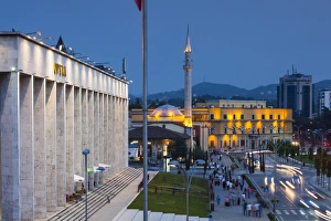 Albania, Tirana, Skanderbeg Square and Opera Building, dusk Albania, Tirana, Skanderbeg Square and Opera Building, dusk