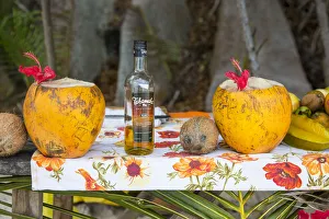 Beach stall selling rum and fruit drinks, nse Source D'Argent beach, La Digue Beach stall selling rum and fruit drinks, nse Source D'Argent beach, La Digue
