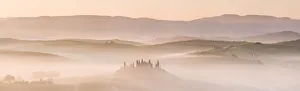 Belvedere in mist, Valle de Orcia, Tuscany, Italy Belvedere in mist, Valle de Orcia, Tuscany, Italy