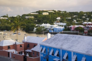 Prints of Bermuda, Hamilton, Hamilton harbour, colourful houses and boats Hamilton Prints: Colourful Houses and Boats in Hamilton Harbour Print