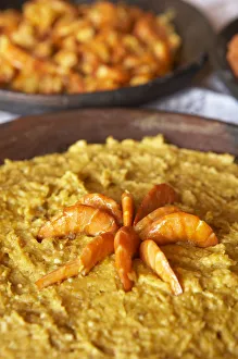 Brazil, Food, a bowl of vatapa with king prawns, a typical dish from Bahia made with Brazil, Food, a bowl of vatapa with king prawns, a typical dish from Bahia made with
