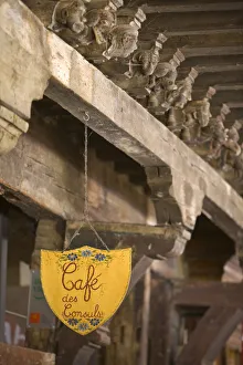 Cafe Sign & Carved Arcade Rafters, Maison des Consuls, Mirepoix, Ariege, Midi-Pyrenees Cafe Sign & Carved Arcade Rafters, Maison des Consuls, Mirepoix, Ariege, Midi-Pyrenees