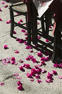 Cafe Table & Pink Flowers, Rethymno, Crete, Greece Cafe Table & Pink Flowers, Rethymno, Crete, Greece
