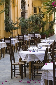 Cafe tables, Hania, Hania Province, Crete, Greece Cafe tables, Hania, Hania Province, Crete, Greece