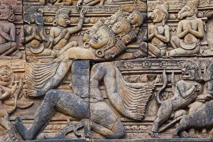 Cambodia, Siem Reap, Angkor, Banteay Srei Temple, Relief Carving Cambodia, Siem Reap, Angkor, Banteay Srei Temple, Relief Carving