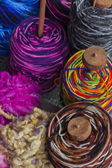Chile, Los Lagos Region, Puerto Montt, Angelmo harbor market, Chiloe wool yarn dyed Chile, Los Lagos Region, Puerto Montt, Angelmo harbor market, Chiloe wool yarn dyed