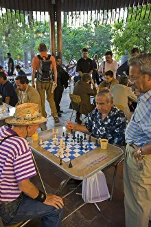 Chile, Santiago, men playing Chess in Plaza de Armas Chile, Santiago, men playing Chess in Plaza de Armas