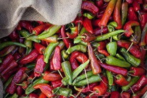 Chilli peppers in a basket in Wangdue Bhutan Chilli peppers in a basket in Wangdue Bhutan