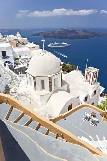Church and cruise ship, Fira, Santorini (Thira), Cyclades, Greece Church and cruise ship, Fira, Santorini (Thira), Cyclades, Greece