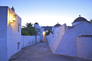 Churches At Dusk With The Monastery Of St. John In The Background, Patmos, Dodecanese Churches At Dusk With The Monastery Of St. John In The Background, Patmos, Dodecanese