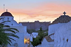 Churches At Sunset With The Monastery Of St. John In The Background, Patmos, Dodecanese Churches At Sunset With The Monastery Of St. John In The Background, Patmos, Dodecanese